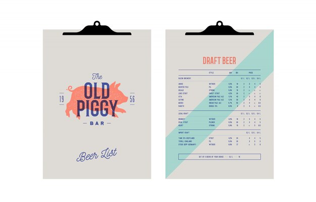 Vector brand identity set for beer bar, pub. clipboard menu