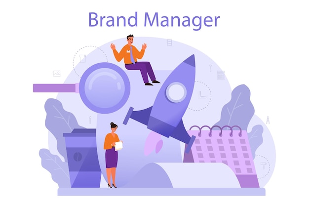 Vettore concetto di brand manager. lo specialista di marketing crea il design unico di un'azienda. riconoscimento del marchio come parte della strategia aziendale. illustrazione piatta isolata