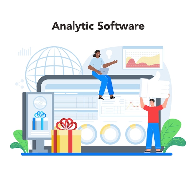 Vector brand manager online service or platform business specialist create unique design of a company brand recognition analytic software isolated flat illustration