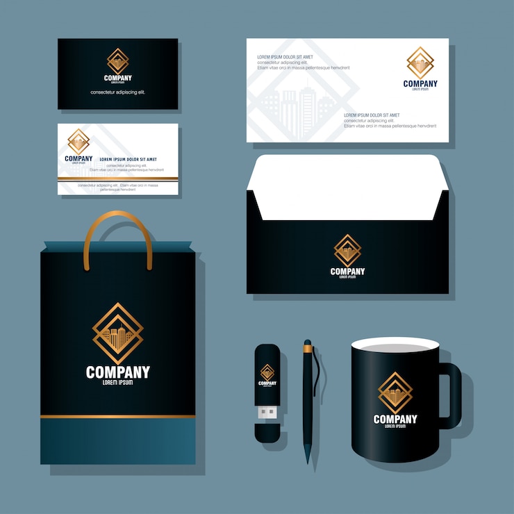 Vector brand mockup corporate identity, mockup of stationery supplies, black color with golden sign vector illustration design