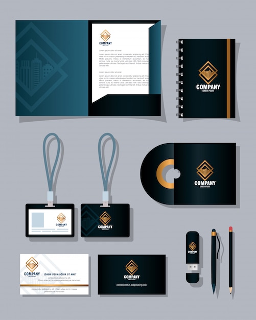 Brand mockup corporate identity, mockup stationery supplies, black color with golden sign vector illustration design