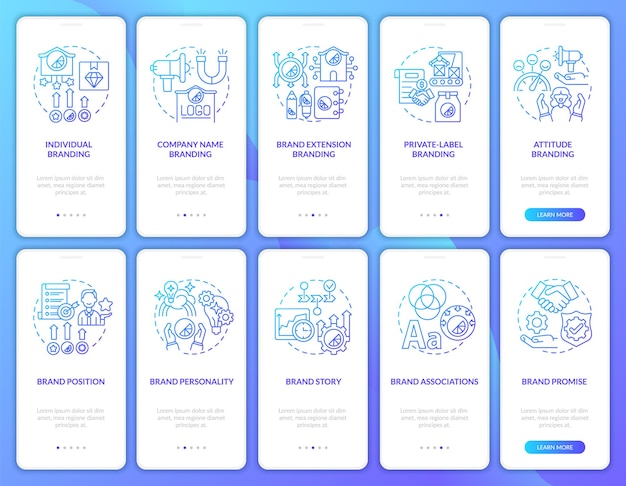 Brand planning gradient onboarding mobile app page screen set. business strategy walkthrough 5 steps graphic instructions with concepts. ui, ux, gui vector template with linear color illustrations