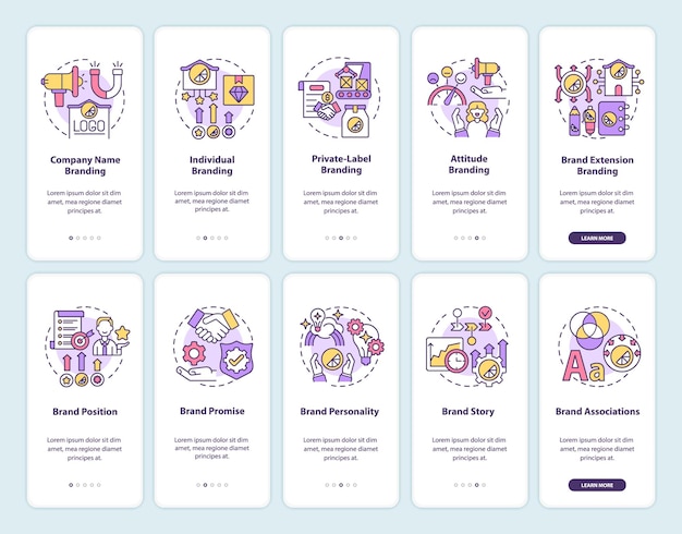 Brand planning onboarding mobile app page screen set. business strategy walkthrough 5 steps graphic instructions with concepts. ui, ux, gui vector template with linear color illustrations