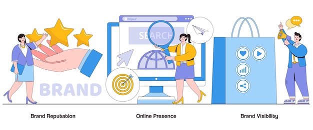 ブランド評判のオンライン プレゼンス文字によるブランド可視性コンセプト ブランド認識抽象的なベクトル イラスト セット オンライン評判管理ブランド監視ブランド信頼メタファー