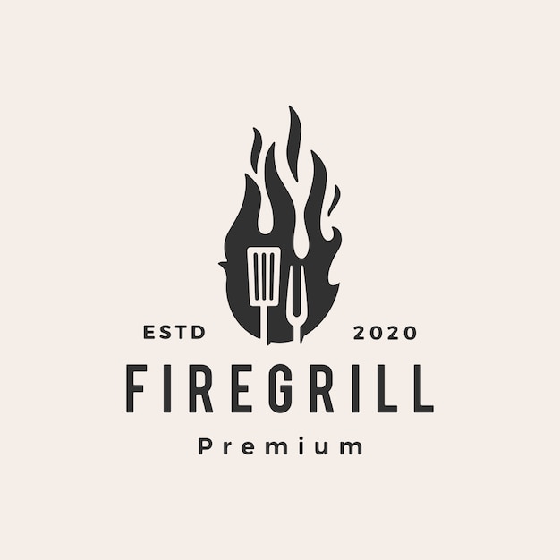 Brand vlam grill spatel vork hipster vintage logo pictogram illustratie