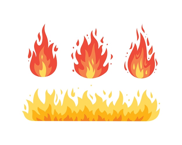 Brand vlam vector iconen in cartoon stijl. Vlammen van verschillende vormen.