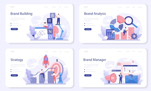 ベクトル ブランドのwebレイアウトまたはランディングページセット。会社または製品のマーケティング戦略と独自のデザイン。事業計画の一環としてのブランド認知とコミュニケーション。