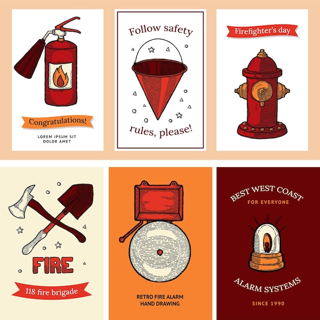 Brandbestrijding Vintage webbannersjablonen van brandweermanhulpmiddelen vectorillustratie Reddingsapparatuur
