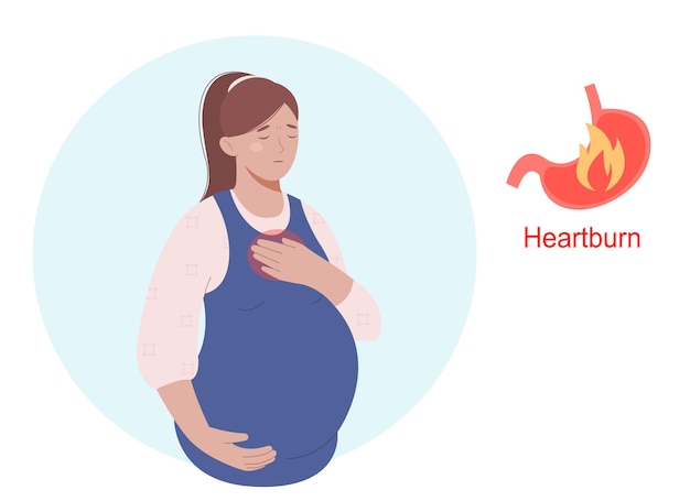 Brandend maagzuur tijdens de zwangerschap Vrouw houdt buik vast en voelt pijn Zwangerschapssymptomen en problemen concept