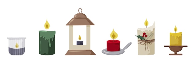 Brandende kaarsen Schattig hand getrokken hygge interieur decoraties vector illustratie set