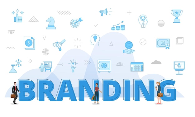 Concetto di branding con parole grandi e persone circondate da icone correlate con stile di colore blu