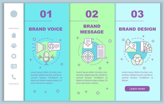 Branding elementen onboarding mobiele webpagina's vector sjabloon. Merkstem, ontwerp. Responsieve smartphone website interface idee, lineaire illustraties. Stapschermen voor het doorlopen van webpagina's. Kleur concept
