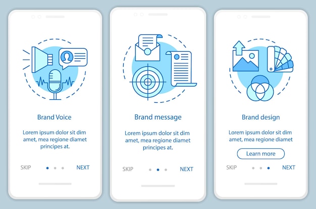 モバイルアプリページの画面ベクトルテンプレートをオンボーディングするブランディング要素。ブランドの声。直線的なイラストを使用したウォークスルーwebサイトの手順。ブランドメッセージとデザイン。 ux、ui、guiスマートフォンインターフェースの概念
