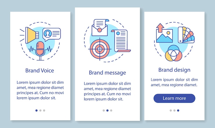 Vector branding elements onboarding mobile app page screen with linear concepts. brand voice, message and design. three walkthrough steps graphic instructions. ux, ui, gui vector template with illustrations