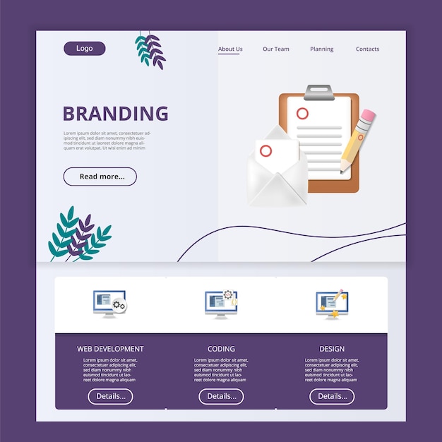 Branding flat landing page modello di sito web sviluppo web codifica design web banner con intestazione