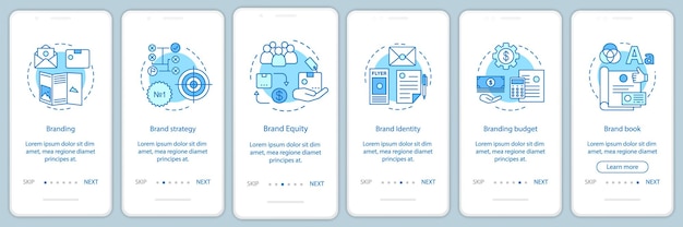 Modello vettoriale dello schermo della pagina dell'app mobile per l'onboarding del marchio. procedura dettagliata del sito web, illustrazioni lineari. sviluppo di libri di marca. strategia di marca, equità. concetto di interfaccia per smartphone ux, ui, gui