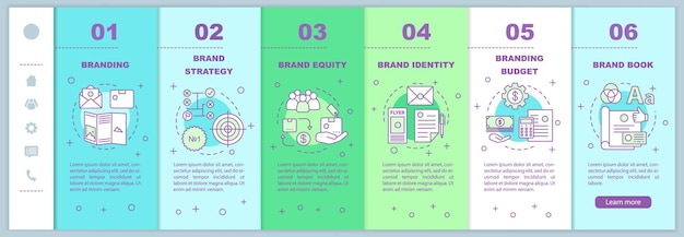 Modello vettoriale di pagine web mobili per l'onboarding del marchio. strategia di marca, equità. idea reattiva dell'interfaccia del sito web per smartphone con illustrazioni lineari. schermate dei passaggi della procedura dettagliata della pagina web. concetto di colore