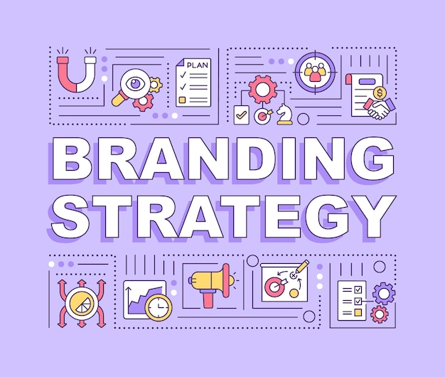 Branding strategy word concepts banner. marketing for business.
infographics with linear icons on purple background. isolated
creative typography. vector outline color illustration with
text
