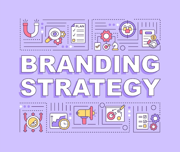 Vettore insegna di concetti di parola di strategia di branding. marketing per le imprese. infografica con icone lineari su sfondo viola. tipografia creativa isolata. illustrazione a colori del contorno vettoriale con testo