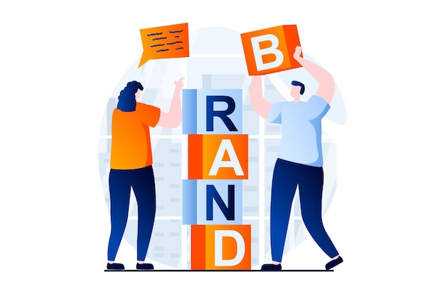Branding team concept with people scene in flat cartoon design Woman and man building business brand from cubes employees teamwork in creative agency Vector illustration visual story for web