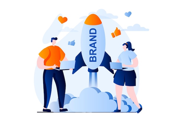 Branding team concept with people scene in flat cartoon design Woman and man launch business brand create company personality and new project together Vector illustration visual story for web