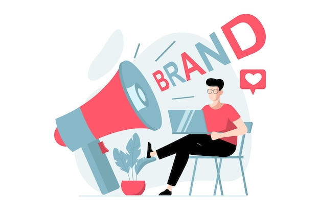 Branding team concept with people scene in flat design man promoting new brand and makes advertising campaign using digital marketing tools vector illustration with character situation for web