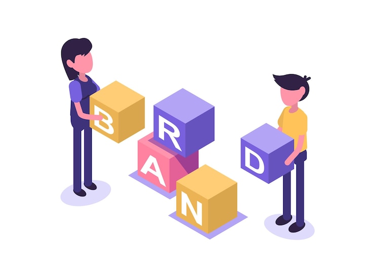 Vector branding the team develops the brand people assemble the word brand from cubes