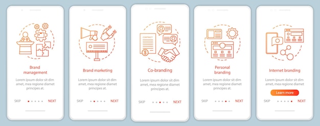 Tipi di branding onboarding concetti lineari dello schermo della pagina dell'app mobile
