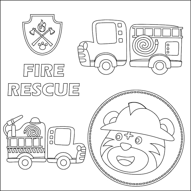Brandreddingsteam met grappige brandweerman vector cartoon Cartoon geïsoleerde vector illustratie