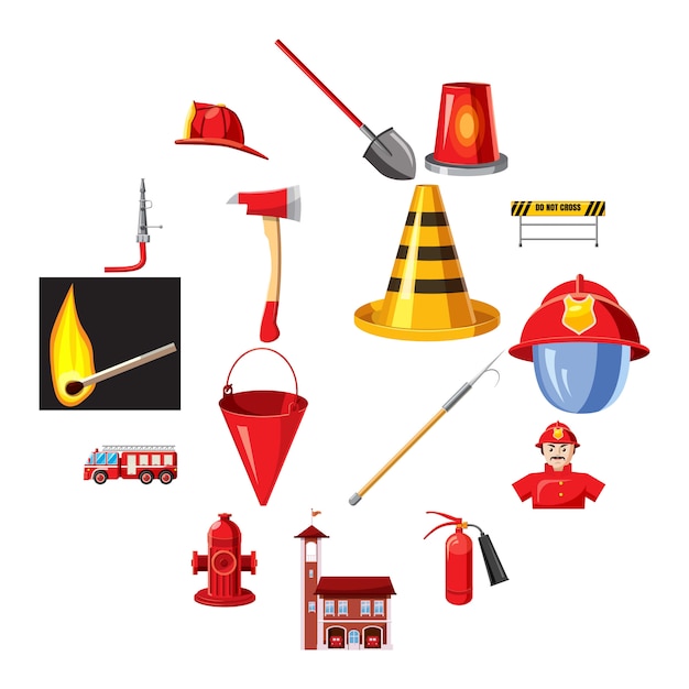 Brandweer iconen set, cartoon stijl