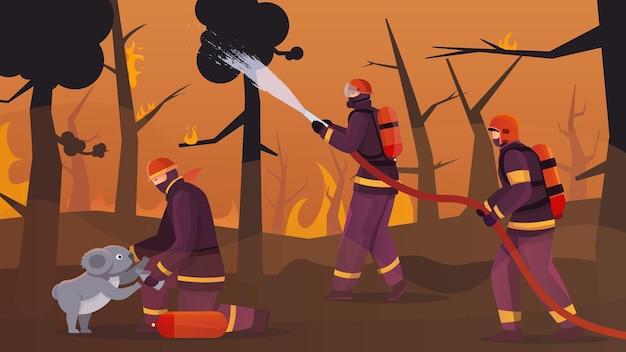 Brandweerlieden bos platte compositie met buitenlandschap van brandende bosbomen met bemanning van brandweerlieden illustratie