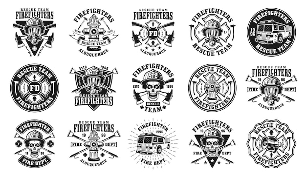 Brandweerlieden grote reeks van vijftien vector geïsoleerde emblemen, insignes, labels of logo's in vintage zwart-wit stijl