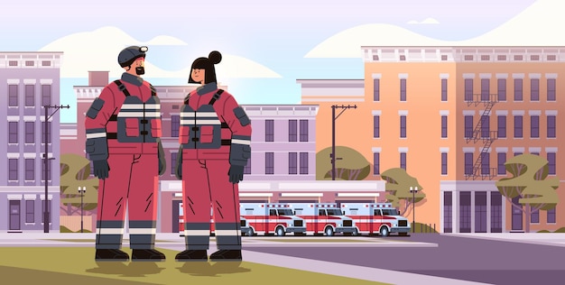 Vector brandweerlieden in uniform staande in de buurt van brandweerkazerne gebouw afdeling gevel en rode hulpverleningsvoertuigen horizontaal