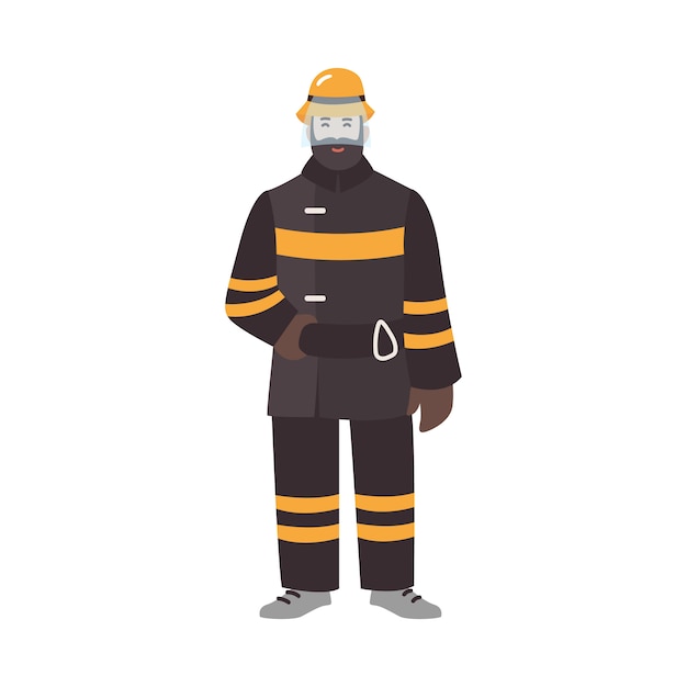 Brandweerman, brandweerman of redder die brandwerende beschermende kleding of uniform en helm draagt. Grappige mannelijke stripfiguur geïsoleerd op een witte achtergrond. Kleurrijke afbeelding in vlakke stijl.