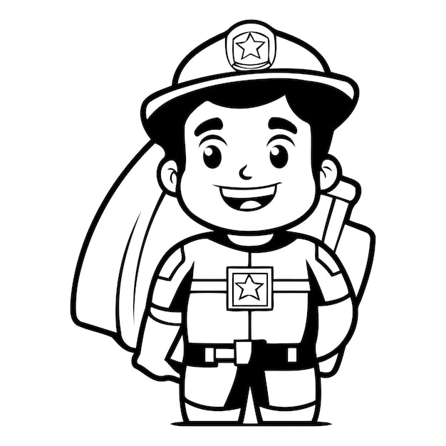 Brandweerman cartoon personage met gele reddingsvest en reddingsapparatuur Vector illustratie