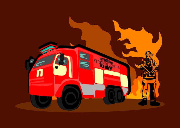 Brandweerman en brandweerwagen silhouet vectorillustratie als een spandoek poster of sjabloon voor internationale brandweerlieden dag