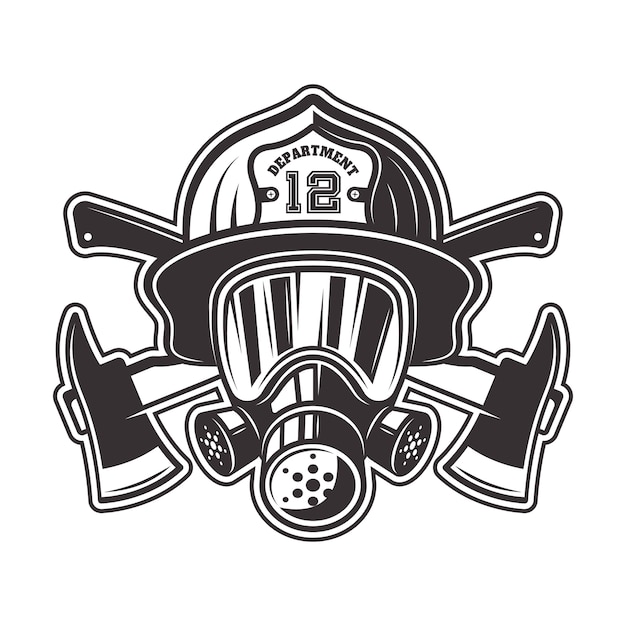 Brandweerman hoofd in helm, gasmasker en twee gekruiste assen illustratie in zwart-wit op witte achtergrond