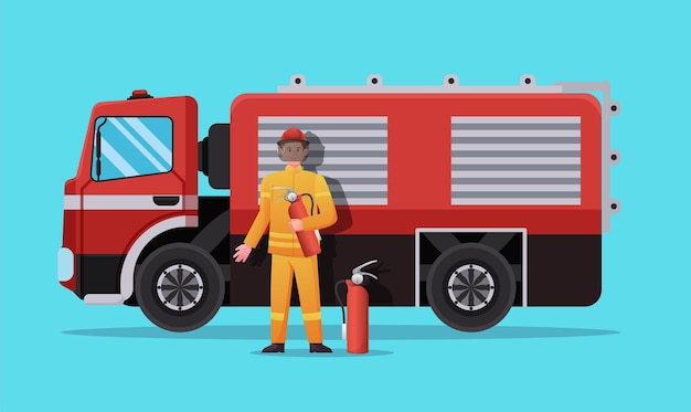 Brandweerman karakter met brandweerwagen vectorillustratie