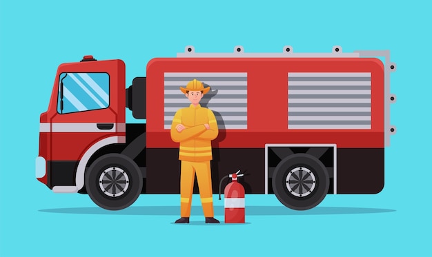 Brandweerman karakter met brandweerwagen vectorillustratie