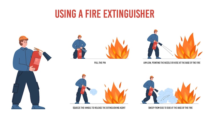 Brandweerman met brandblusser bestrijdt vlam platte vectorillustratie op witte achtergrond met text
