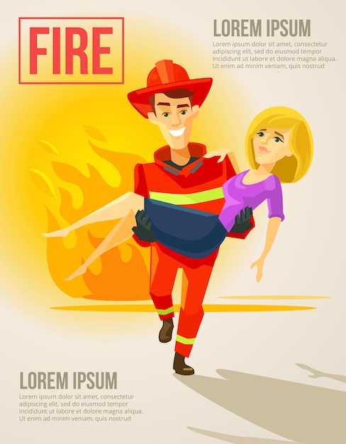 Brandweerman met meisje. vector platte illustratie