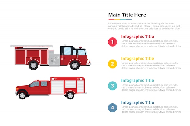 Brandweerman vrachtwagen infographics sjabloon met vier punten