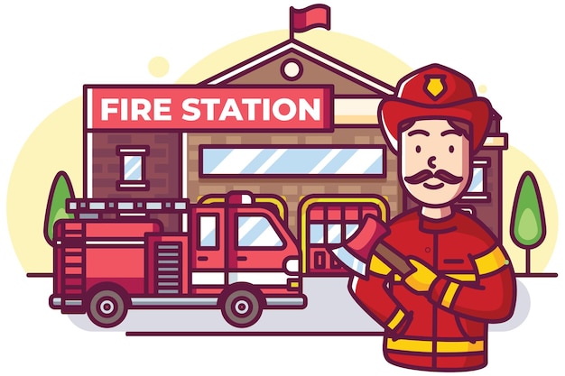 Brandweermanillustratie met brandweerkazernegebouw en brandweerwagen