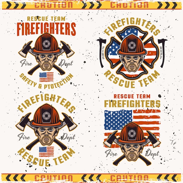 Brandweermannen set van vector emblemen badges of labels ontwerp illustratie in monochrome stijl op achtergrond met grunge texturen