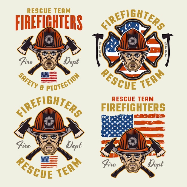Vector brandweermannen set van vector emblemen logo's badges of labels ontwerp illustratie in gekleurde stijl op lichte achtergrond