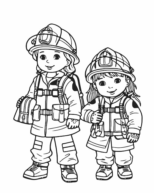 Brandweermeisje met een brandweerman aan de zijkant.