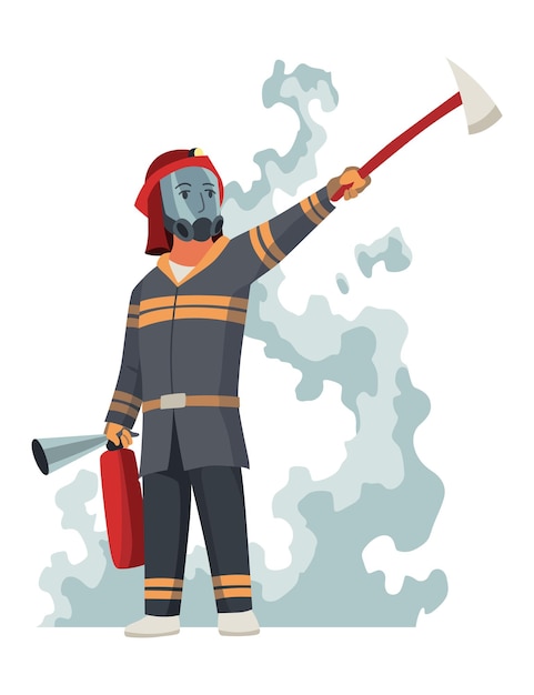 アクションで勇敢な消防士個人用保護具を備えた消防士の形で顔全体を立っている消防隊の男安全救助と緊急サービスのコンセプト