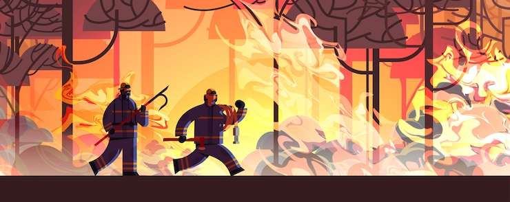 Vector brave firefighters with scrap axe and hose extinguishing dangerous wildfire firemen fighting with bush fire firefighting natural disaster concept intense orange flames horizontal