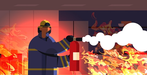 brave fireman using extinguisher firefighter in uniform and helmet firefighting emergency service concept burning house interior orange flame portrait