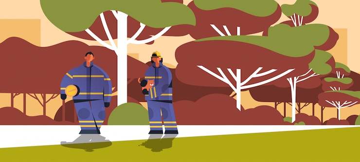 Vector brave firemen rescuing cat firefighters couple wearing uniform and helmet firefighting emergency service extinguishing fire concept landscape